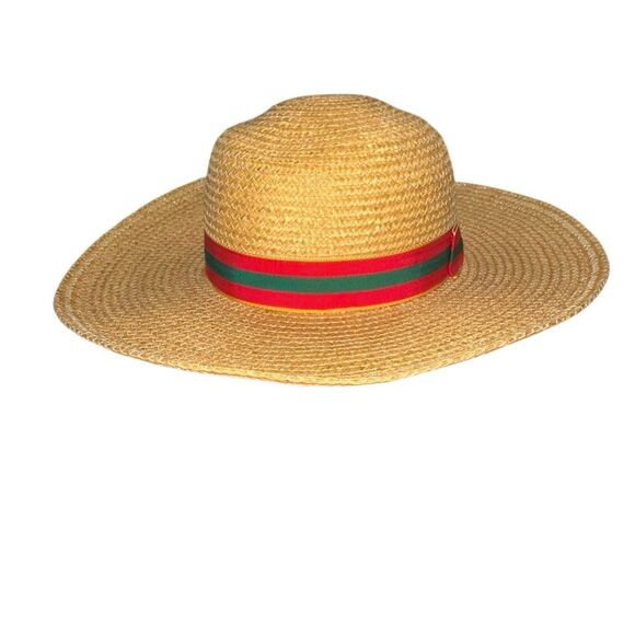 Vintage 80s Banana Republic Wide Brim Straw Raffia size S-M red, green, gold rib - Picture 8 of 10